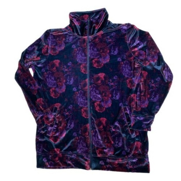 Woman Within Velour Navy Purple Floral Full zip jacket High Neck Size Medium M - Picture 4 of 11